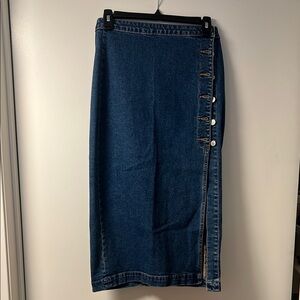 Free People Dark Blue Button-Side Denim Midi Skirt